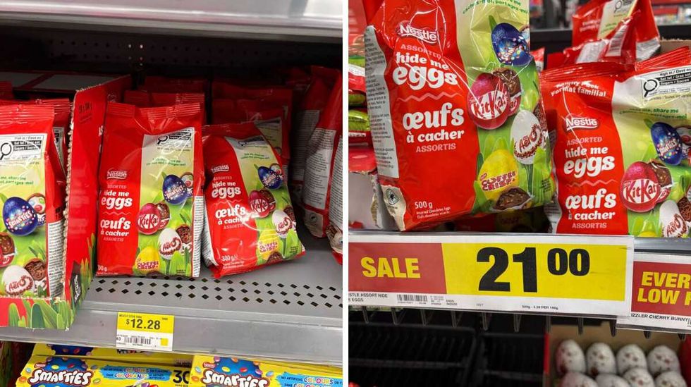\u200bNestle chocolate egg variety pack at Walmart. Right: \u200bNestle chocolate egg variety pack at Loblaws.