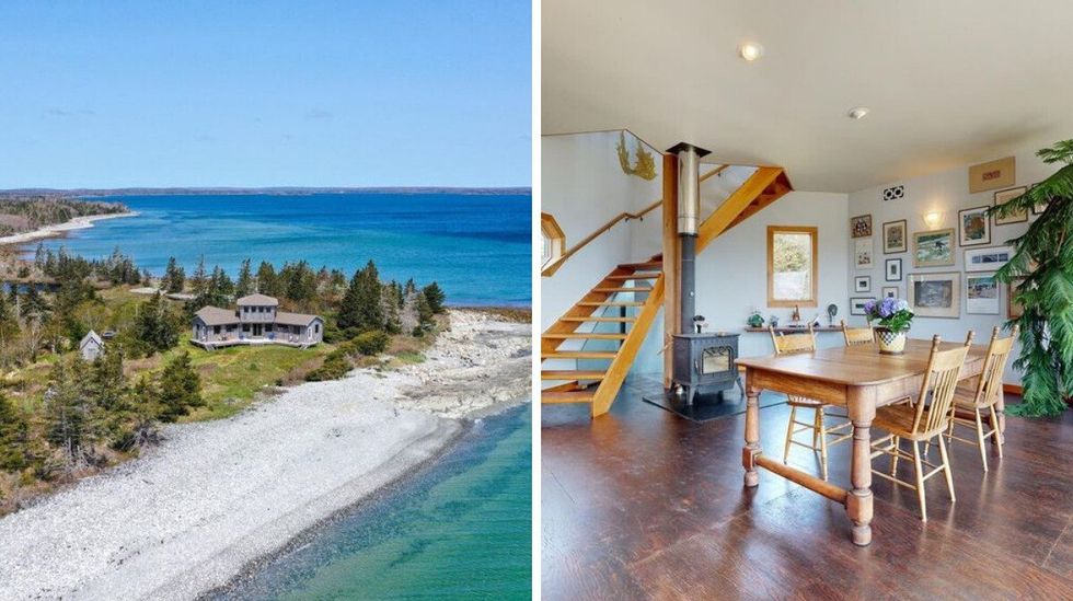 \u200bOceanfront house for sale with a stone beach. Right: Dining room in the house.