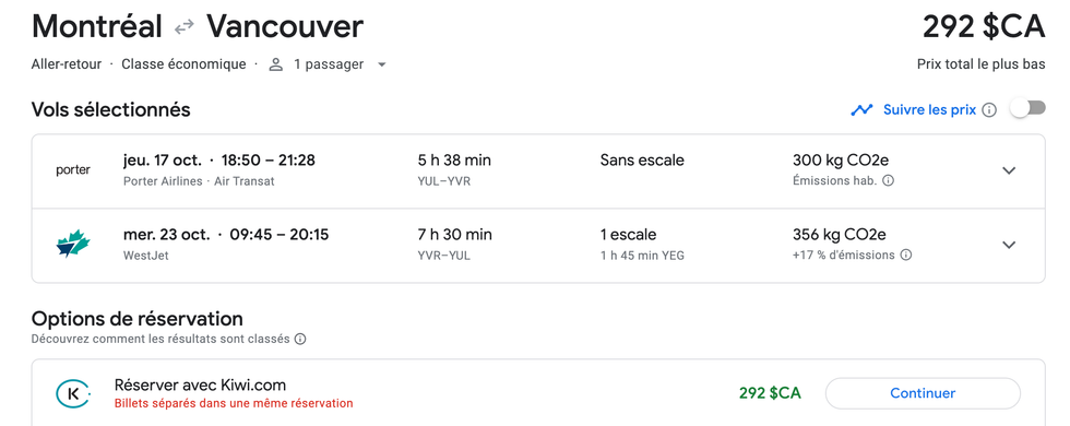 \u200bOffre de vols sur Google flights.