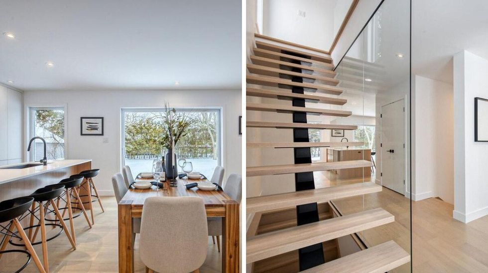 \u200bOpen-concept kitchen, dining and living room. Right: Foyer of the house for sale in Montreal.