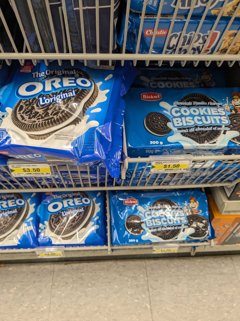 \u200bOreos and Chocolate Vanilla Cookies on a shelf at Dollarama