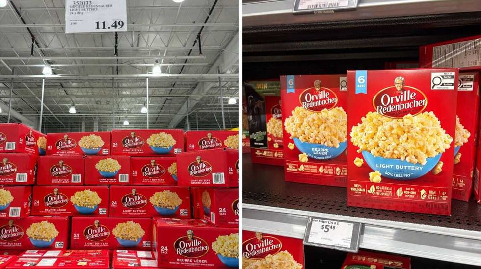 \u200bOrville Redenbacher microwave popcorn at Costco. Right: Orville Redenbacher microwave popcorn at Walmart.