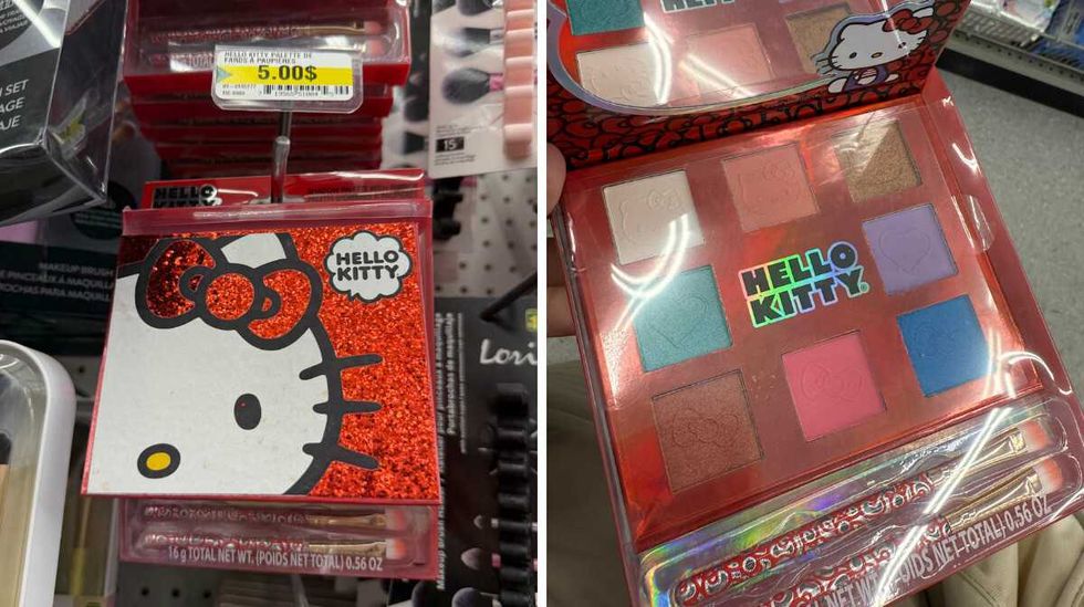 \u200bPalette de maquillage Hello Kitty. Droite : l'int\u00e9rieur de la palette, avec des ombres color\u00e9es.