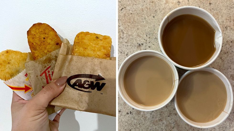 \u200bPatates d\u00e9jeuner du McDonald's, du Tim Hortons et du A&W. Droite : Caf\u00e9s des trois cha\u00eenes.