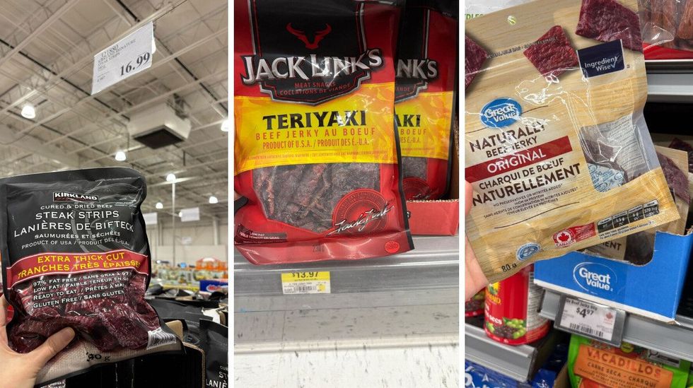 \u200bperson holding bag of Kirkland Signature beef jerky. Centre: bag of Jack Link's beef jerky at Walmart. Right: \u200bperson holding bag of Great Value beef jerky.