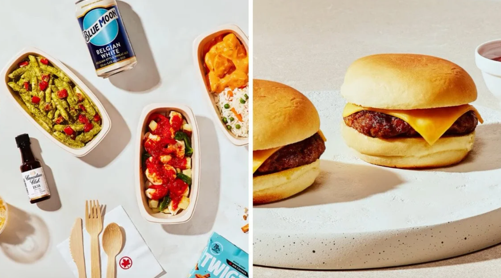 \u200bPesto penne and other dishes in Air Canada's new menu. Right: Cheeseburger sliders offered by Air Canada,