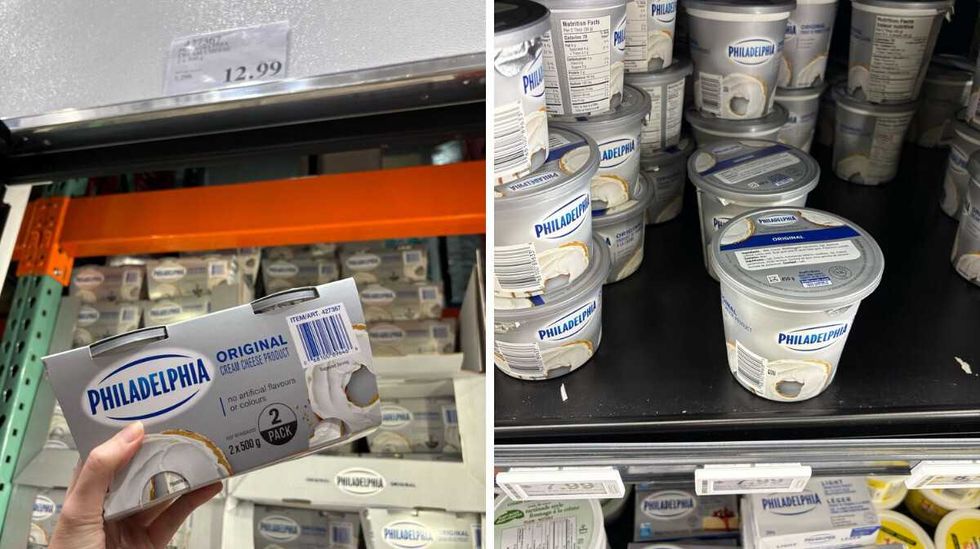 \u200bPhiladelphia cream cheese at Costco. Right: Philadelphia cream cheese at Loblaws.