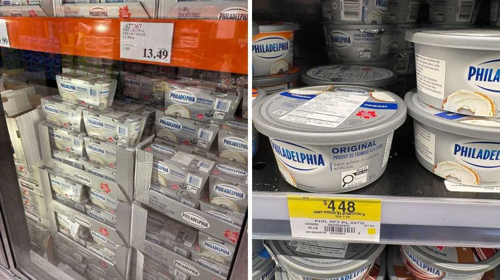 \u200bPhiladelphia cream cheese at Costco. Right: Philadelphia cream cheese at Walmart.