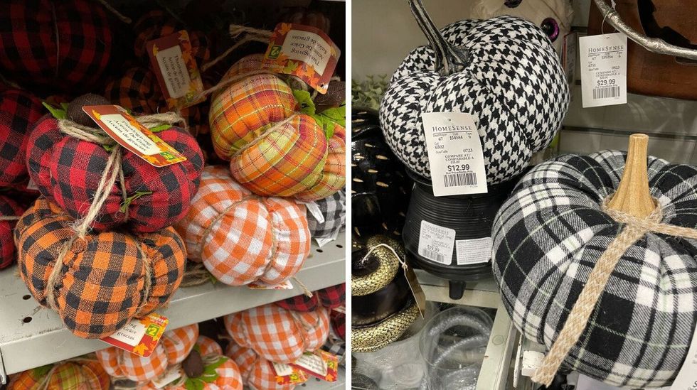 \u200bPlush pumpkins at Dollarama. Right: Plush pumpkins at HomeSense.