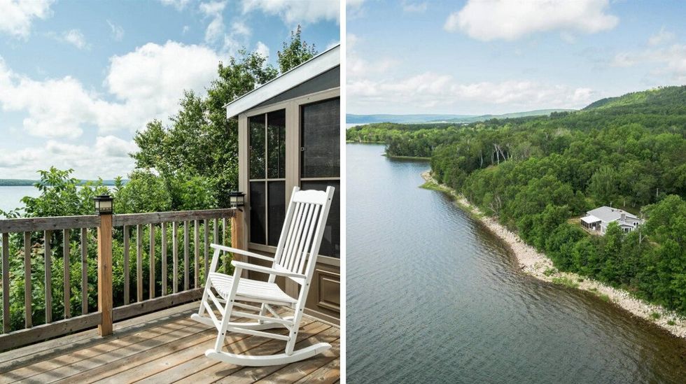 \u200bPorch nestled among trees with sightlines to the lake. Right: Aerial view of the waterfront house for sale.