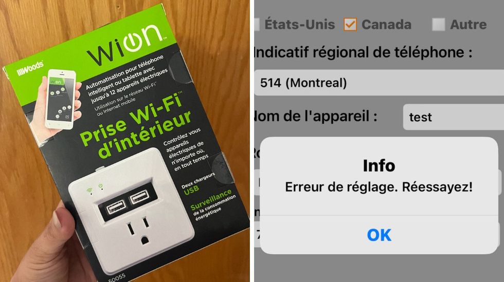 \u200bPrise Wi-Fi d'int\u00e9rieur du Dollarama dans son emballage. Droite : Capture d'\u00e9cran du message d'erreur de l'application WiOn.