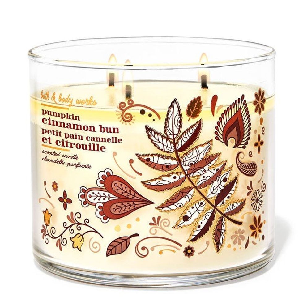 \u200bPumpkin Cinnamon Bun three-wick candle from Bath & Body Works.
