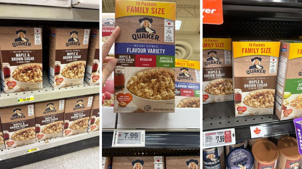 \u200bQuaker instant oatmeal at Dollarama. Centre: \u200bQuaker instant oatmeal at Loblaws. Right: \u200bQuaker instant oatmeal at Metro.