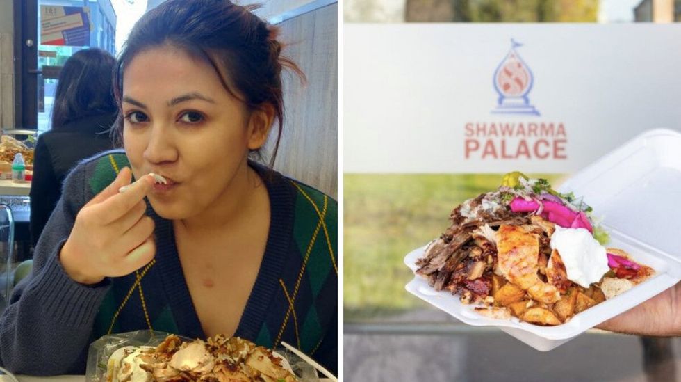 \u200bRhythm Sachdeva eating shawarma. Right: Shawarma Palace.