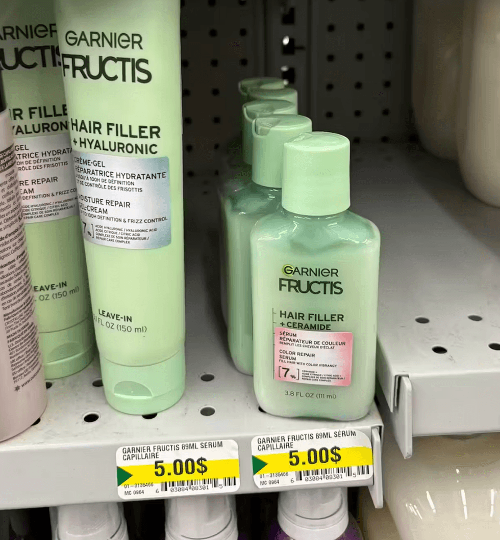 \u200bS\u00e9rums r\u00e9parateurs Garnier Fructis vendus au Dollarama.