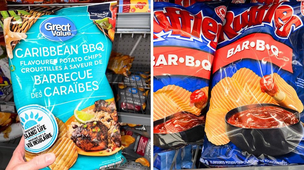 \u200bSac de croustilles \u00e0 saveur de barbecue des Cara\u00efbes Great Value. Droite: Deux sacs de chips Bar-b-q de Ruffles.