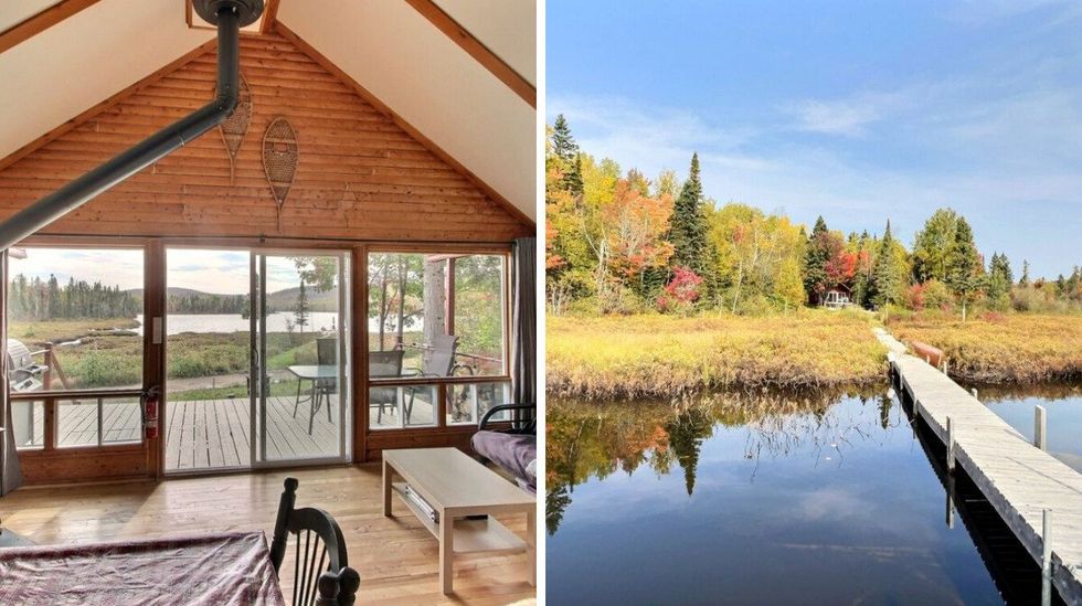 \u200bSalle de s\u00e9jour avec vue. Droite : Passerelle du chalet au lac.