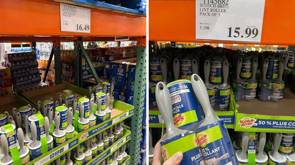 \u200bScotch-Brite lint rollers at Costco. Right: person holding pack of Scotch-Brite lint rollers at Costco in 2023.