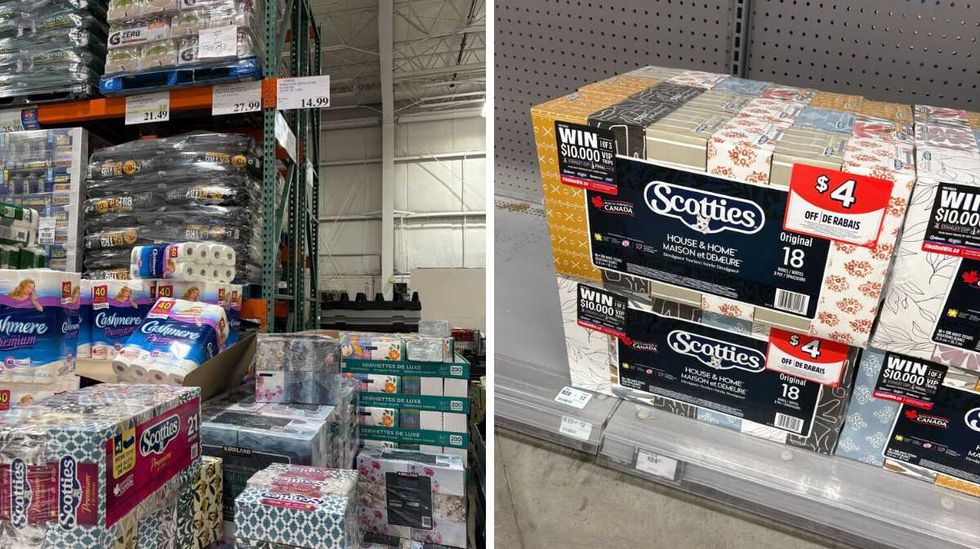 \u200bScotties tissues at Costco. Right: Scotties tissue at Walmart.