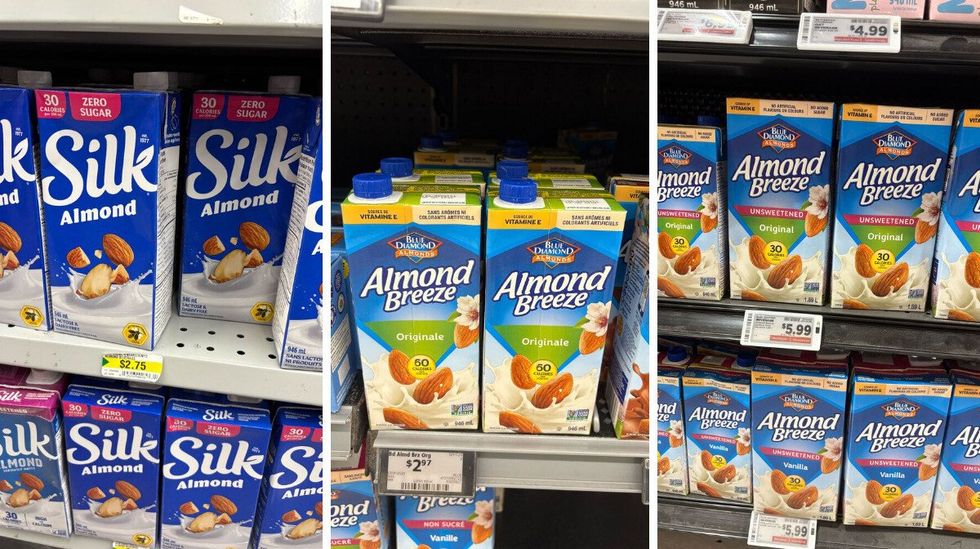 \u200bSilk almond beverage at Dollarama. Centre: Almond Breeze almond beverage at Walmart. Right: Almond Breeze almond beverage at Metro.