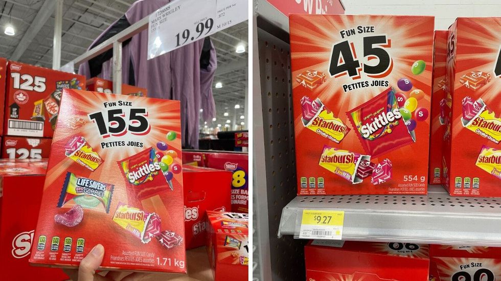 \u200bSkittles and Starburst box at Costco. Right: Box of Skittles and Starburst at Walmart.