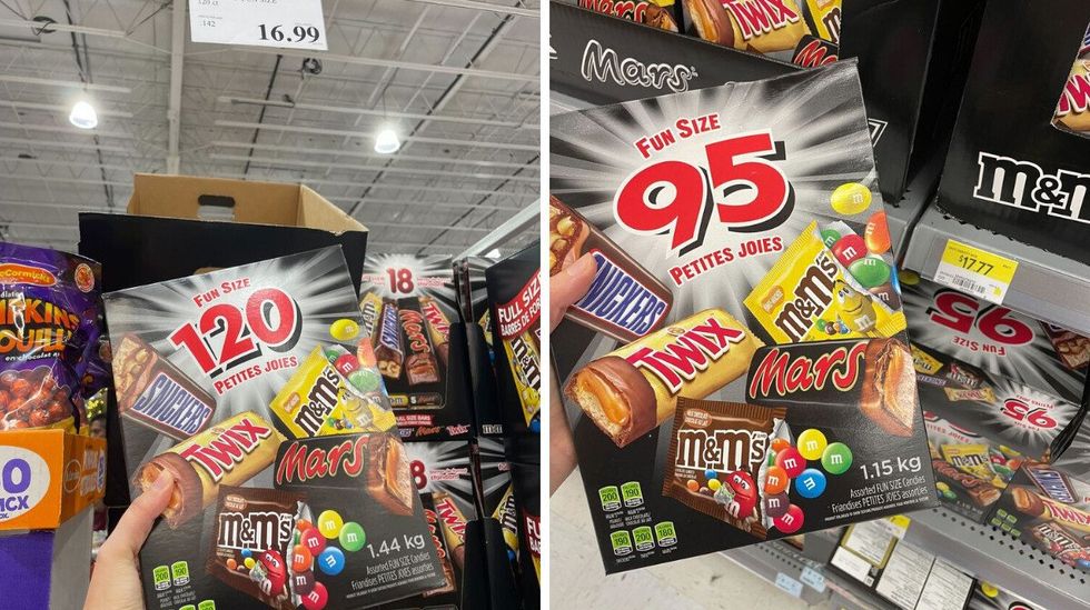 \u200bSnickers, Twix, M&Ms and Mars box at Costco. Right: Snickers, Twix, M&Ms and Mars box at Walmart.