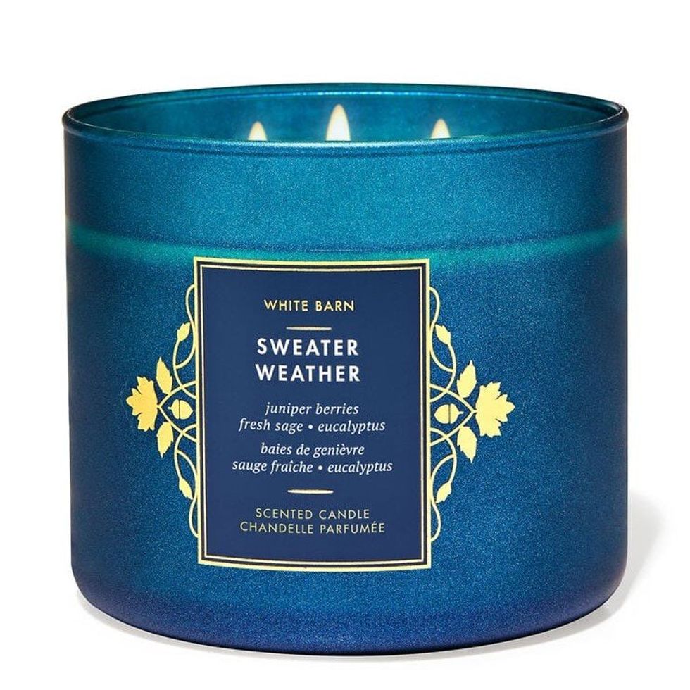 \u200bSweater Weather three-wick candle from Bath & Body Works.