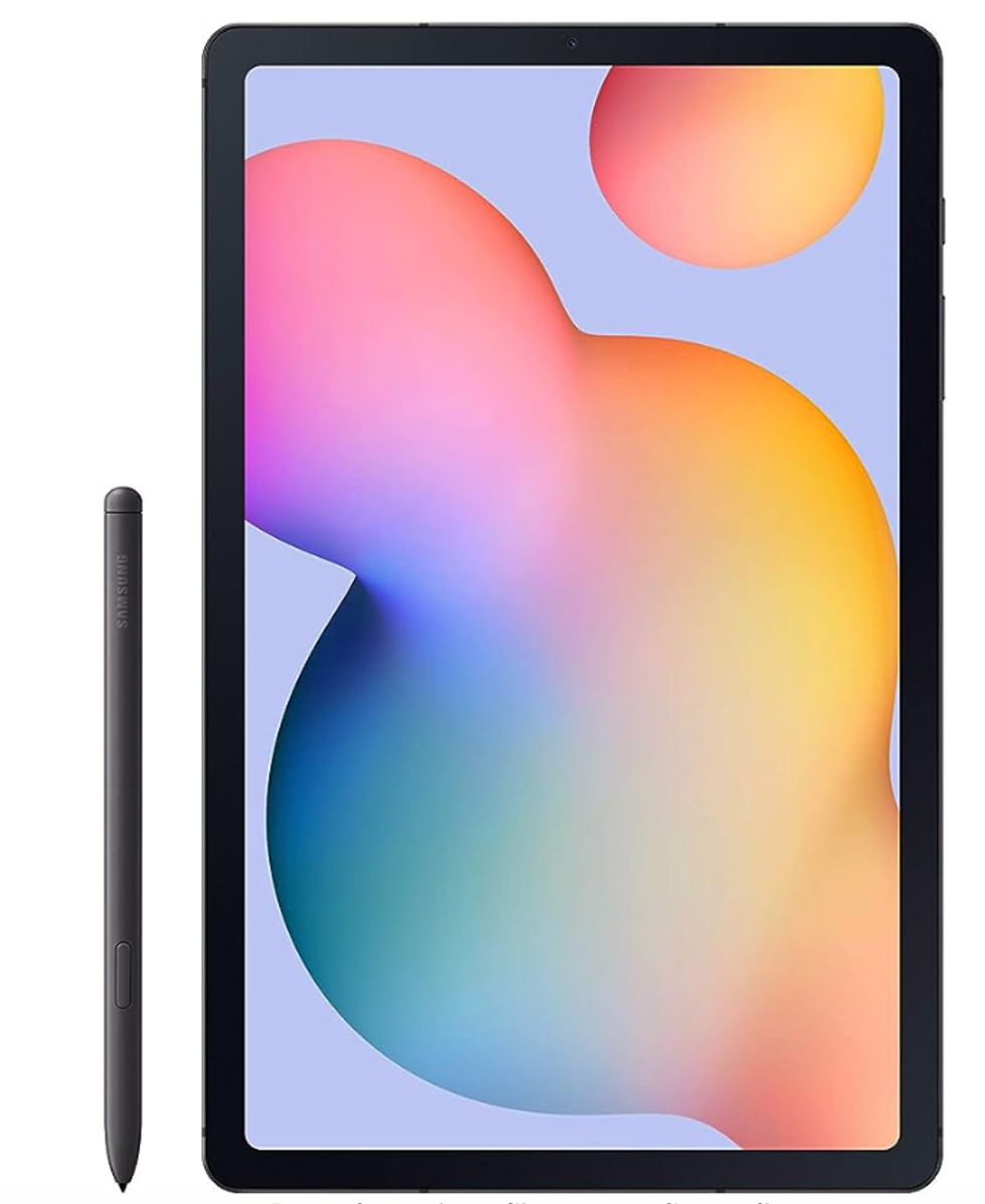 \u200bTablette Android Samsung Galaxy S6 Lite (2024) allum\u00e9e et vue de c\u00f4t\u00e9.