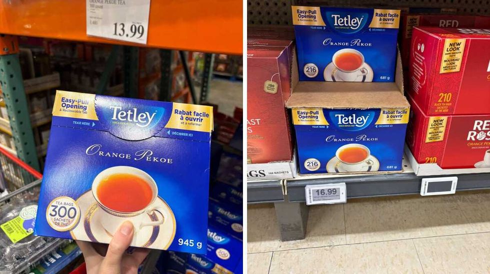 \u200bTetley orange pekoe tea at Costco. Right: Tetley orange pekoe tea at Loblaws.