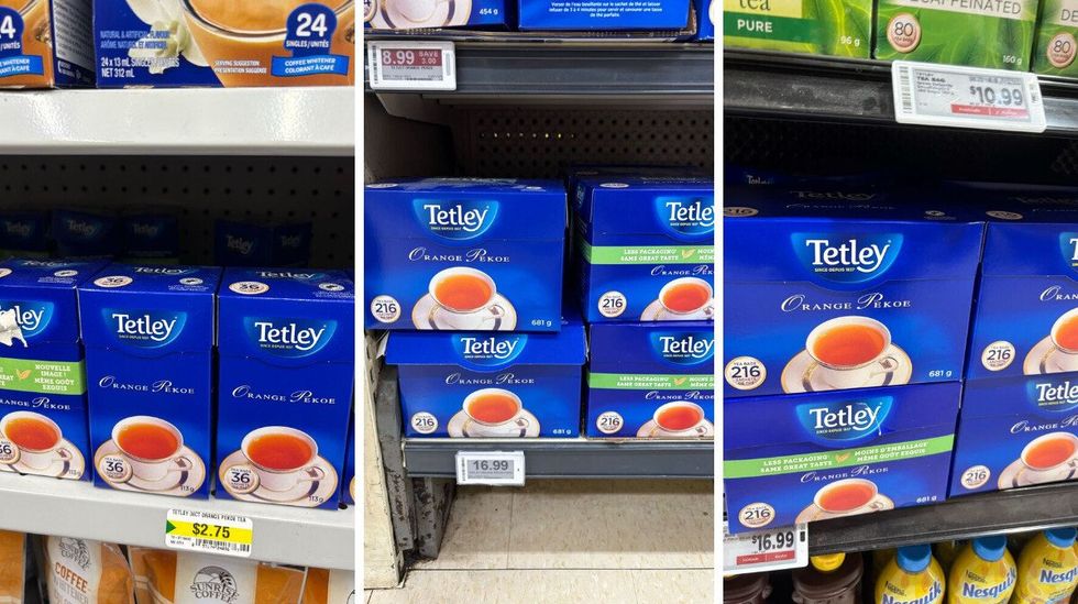 \u200bTetley orange pekoe tea at Dollarama. Centre: Tetley orange pekoe tea at Loblaws. Right: Tetley orange pekoe tea at Metro.