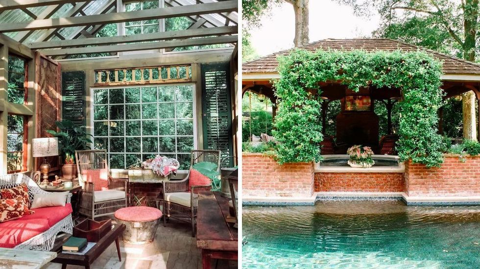 \u200bThe airy common space in a "greenhouse" like building. Right: The pool at the guesthouse.