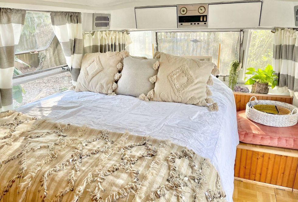 \u200bThe bedroom inside the Poolside Airstream Oasis.