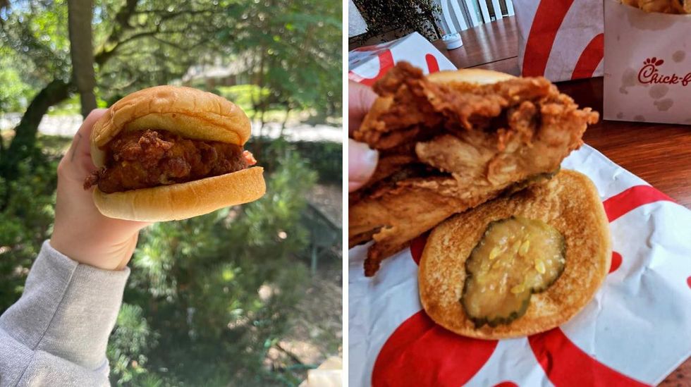 \u200bThe classic chicken sandwich from the U.S. Chick-fil-A. Right: \u200bThe classic chicken sandwich from the Canadian Chick-fil-A.