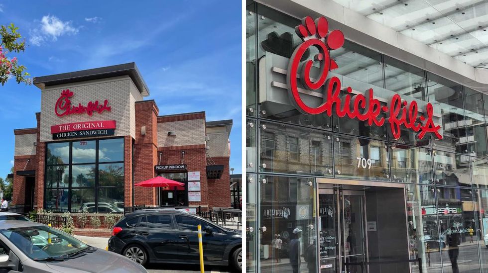 \u200bThe exterior of Chick-fil-A in Savannah, GA. Right: \u200bThe exterior of Chick-fil-A in Toronto.