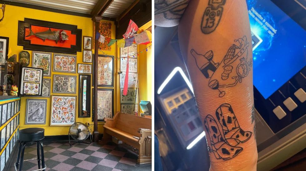 \u200bThe inside of Southern Star Tattoo. Right: A fresh cowboy boot tattoo.