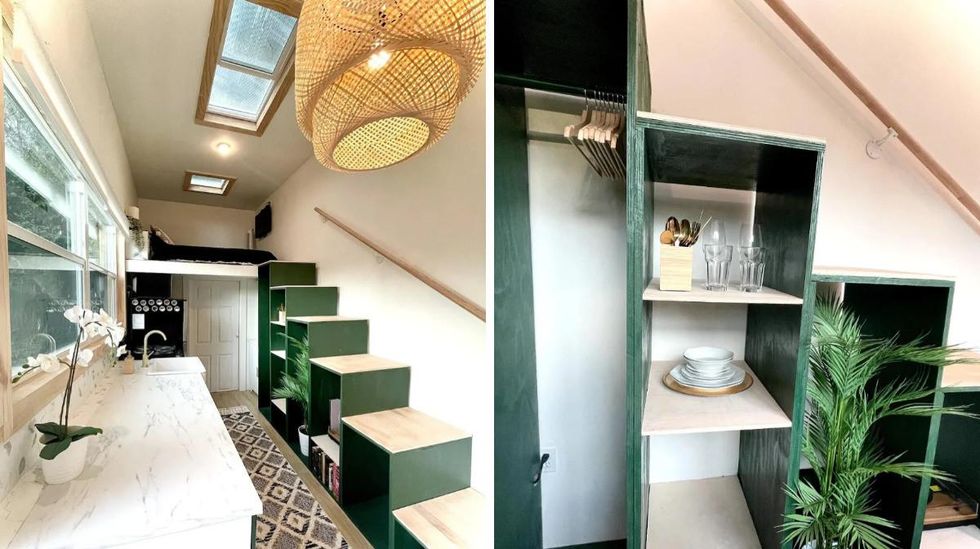 \u200bThe interior of the tiny home with green accents and a skylight. Right: The stairs that double as storage space in the tiny home.