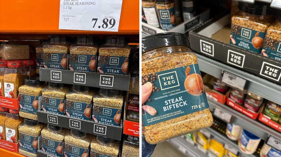 \u200bThe Keg steak seasoning at Costco. Right: person holding The Keg steak seasoning at Walmart.