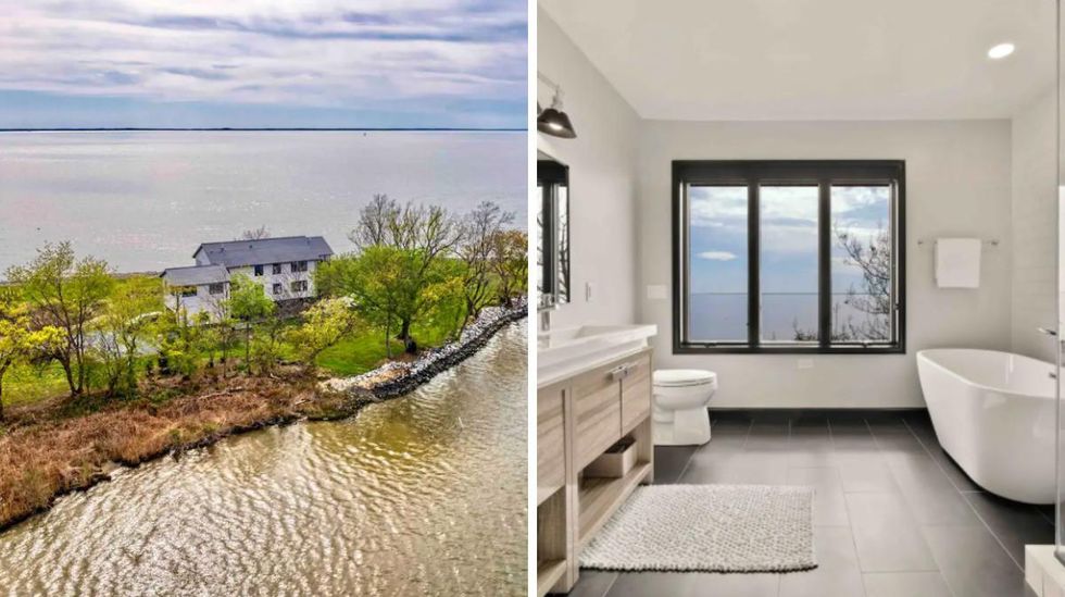 \u200bThe modern home on the private peninsula. Right: The bathroom features a large window and stand alone bathtub.