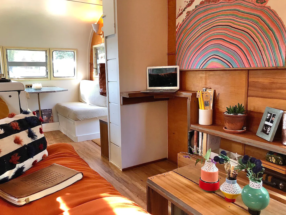 \u200bThe warm interiors of the Poolside Glamping Getaway.