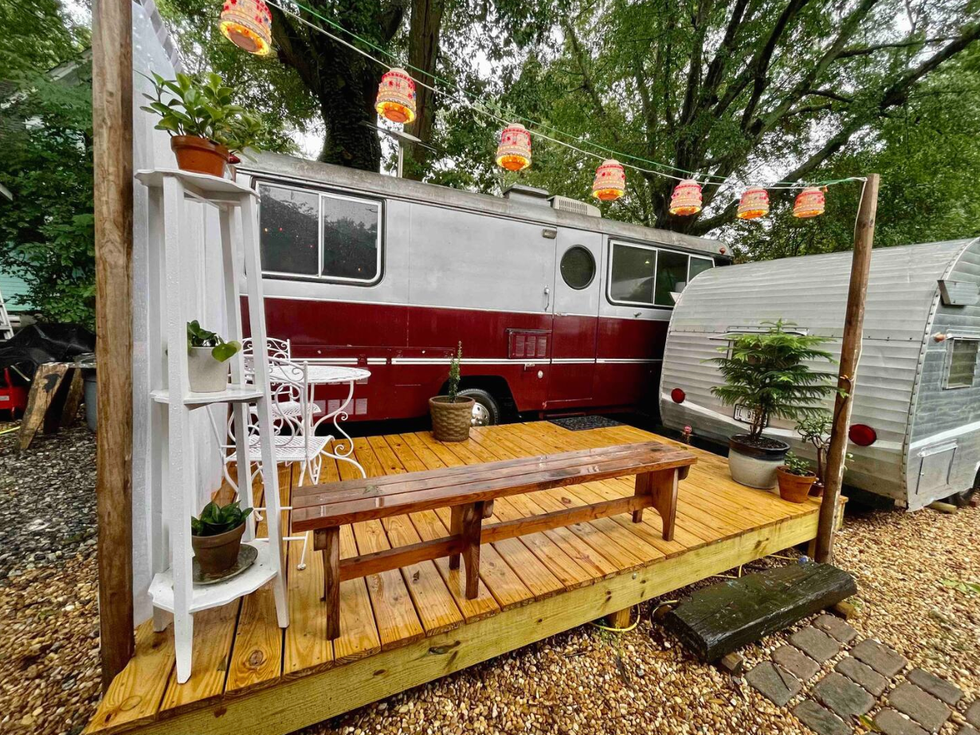\u200bThe wooden deck outside The Gnome Palace Airbnb.
