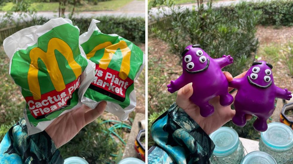 \u200bThe wrapped toys inside the Cactus Plant Flea Market Box. Right: Two Grimace toys from the limited edition box.