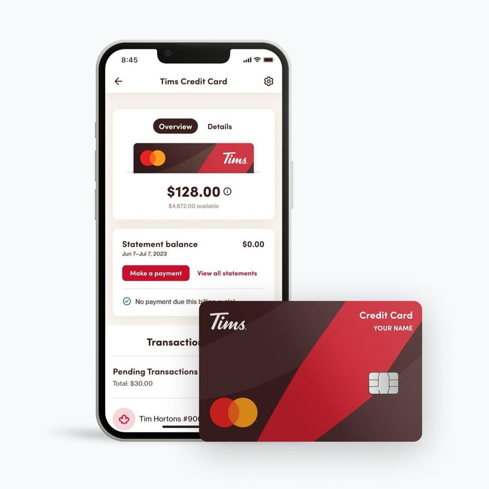 \u200bTims Credit Card and a smartphone with the Tim Hortons app.