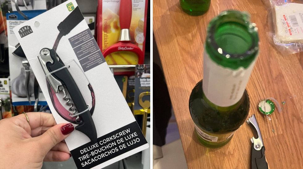 \u200bTire-bouchon du Dollarama dans son emballage. Droite : une bouteille de bi\u00e8re Stella dont le rebord est bris\u00e9.