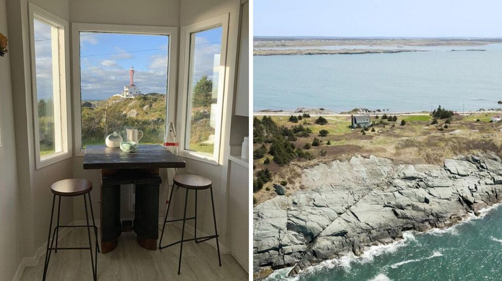 \u200bView of a historic lighthouse from the house. Right: House for sale that has the ocean on both sides.
