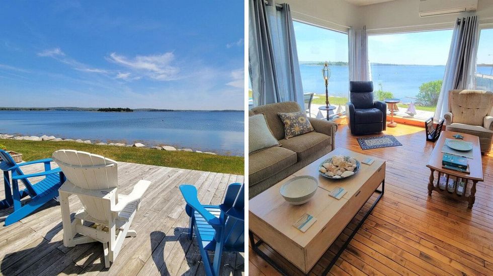 \u200bView of the ocean from the deck of the house for sale. Right: Living room in the house with ocean views.