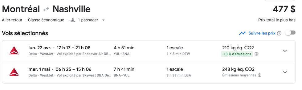 \u200bVol de Montr\u00e9al vers Nashville sur le site de Google flights.