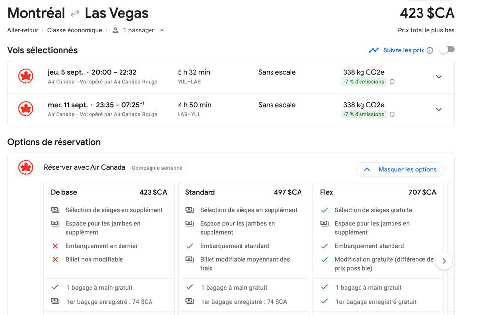 \u200bVols entre Montr\u00e9al et Las Vegas en septembre.