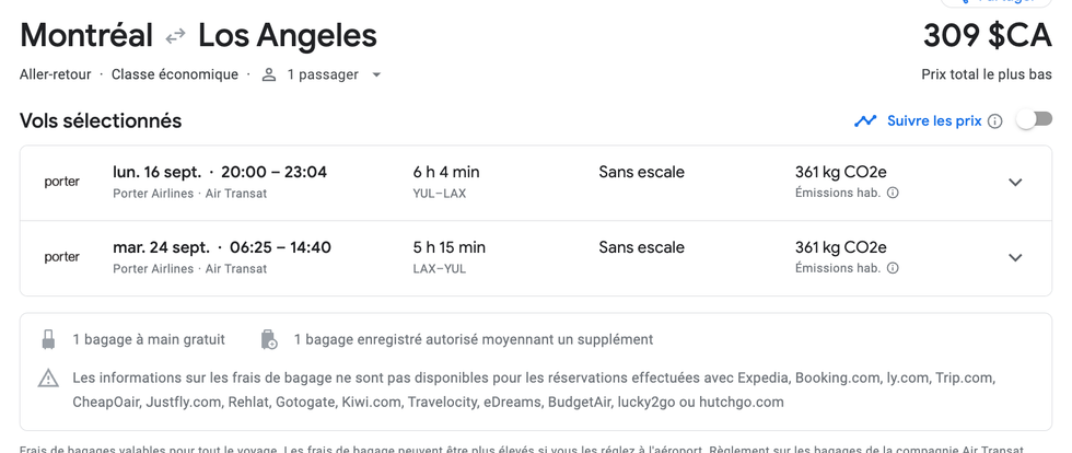 \u200bVols entre Montr\u00e9al et Los Angeles en septembre.