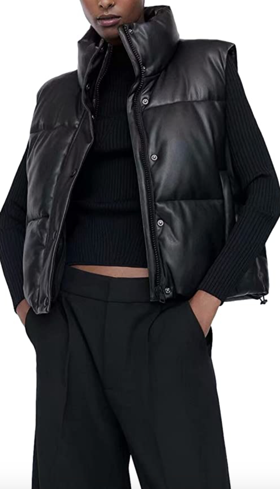 \u200bWomen's Patent Upper Leather Cropped Puffer Vest.