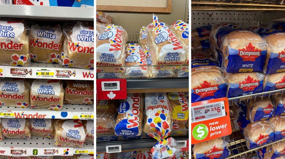 \u200bWonder bread at Dollarama. Centre: Wonder bread at Loblaws. Right: Dempster's bread at Metro.